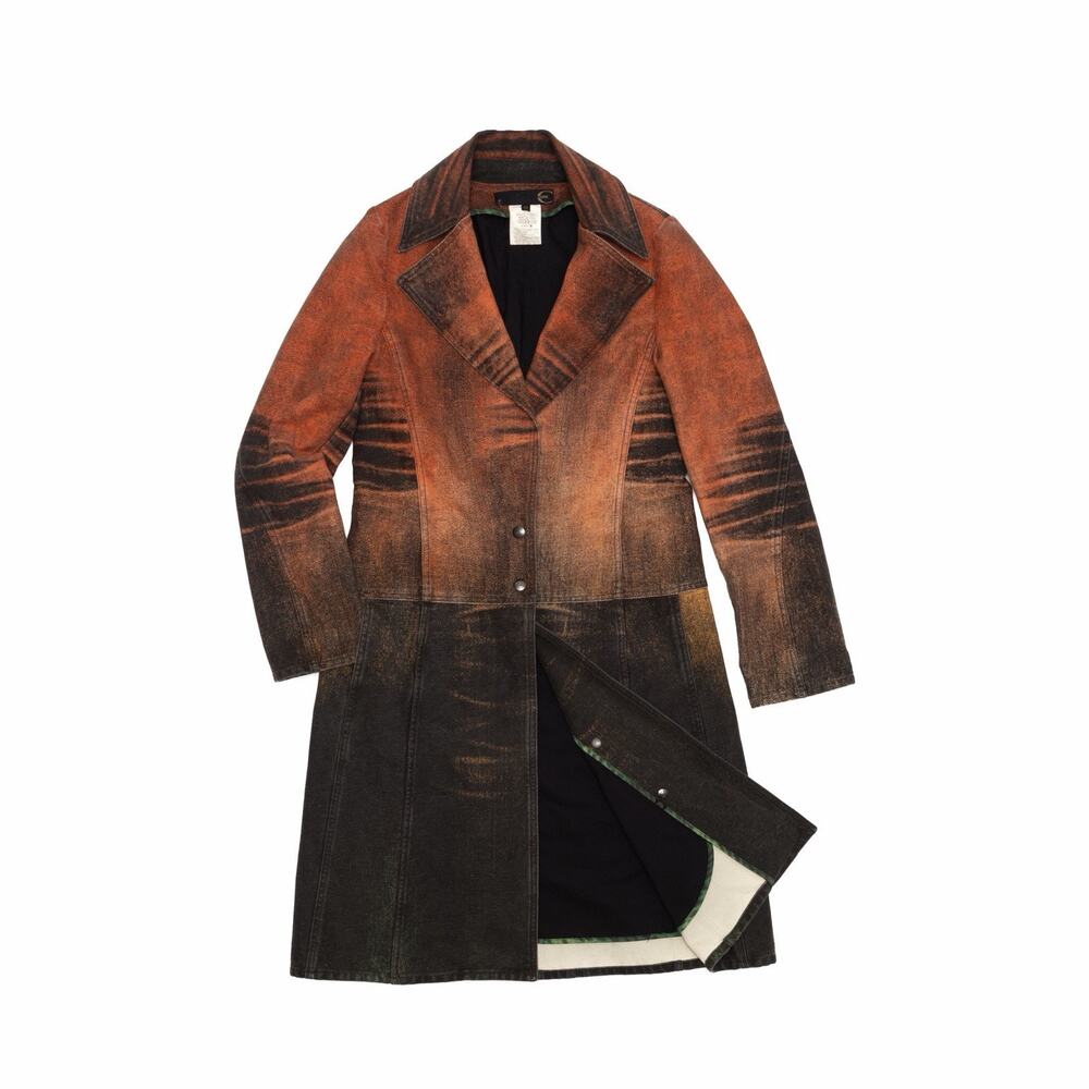 JUST CAVALLI AW04 Sunset Y2K Distressed Denim Long Coat Orange Black IT 42 - Picture 3 of 10